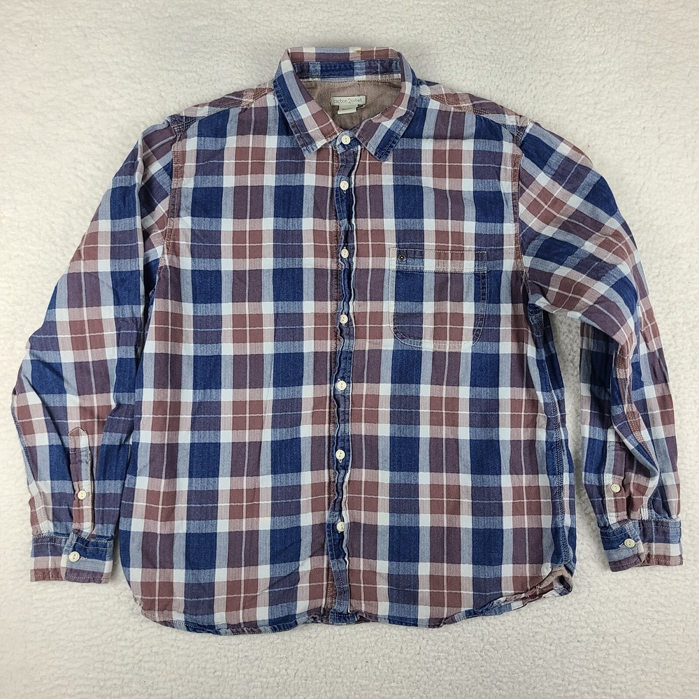 Carbon 2 Cobalt Flannel Shirt Mens Large Blue Brown Plaid Button‎ Up GC